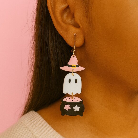 Pink Witch Ghost Earrings — Cute Halloween Cauldron Dangle Spooky Jewelry - Picture 2 of 4